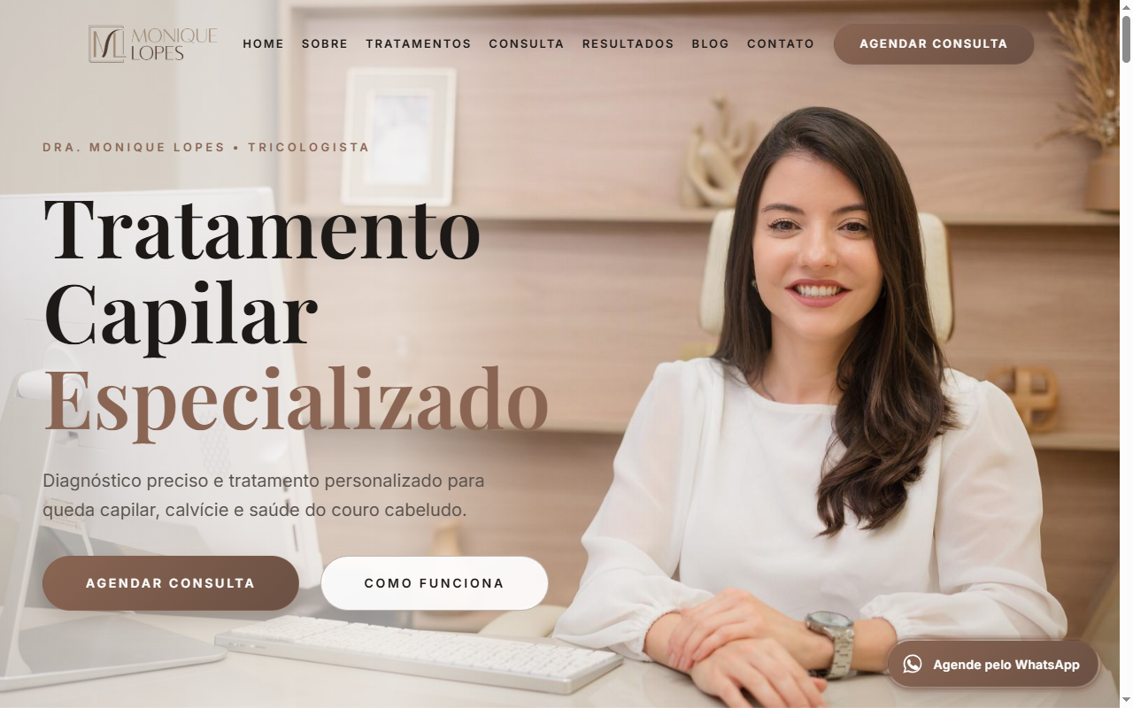 Site da cliente Dra. Monique Lopes - Tricologia e Saúde Capilar